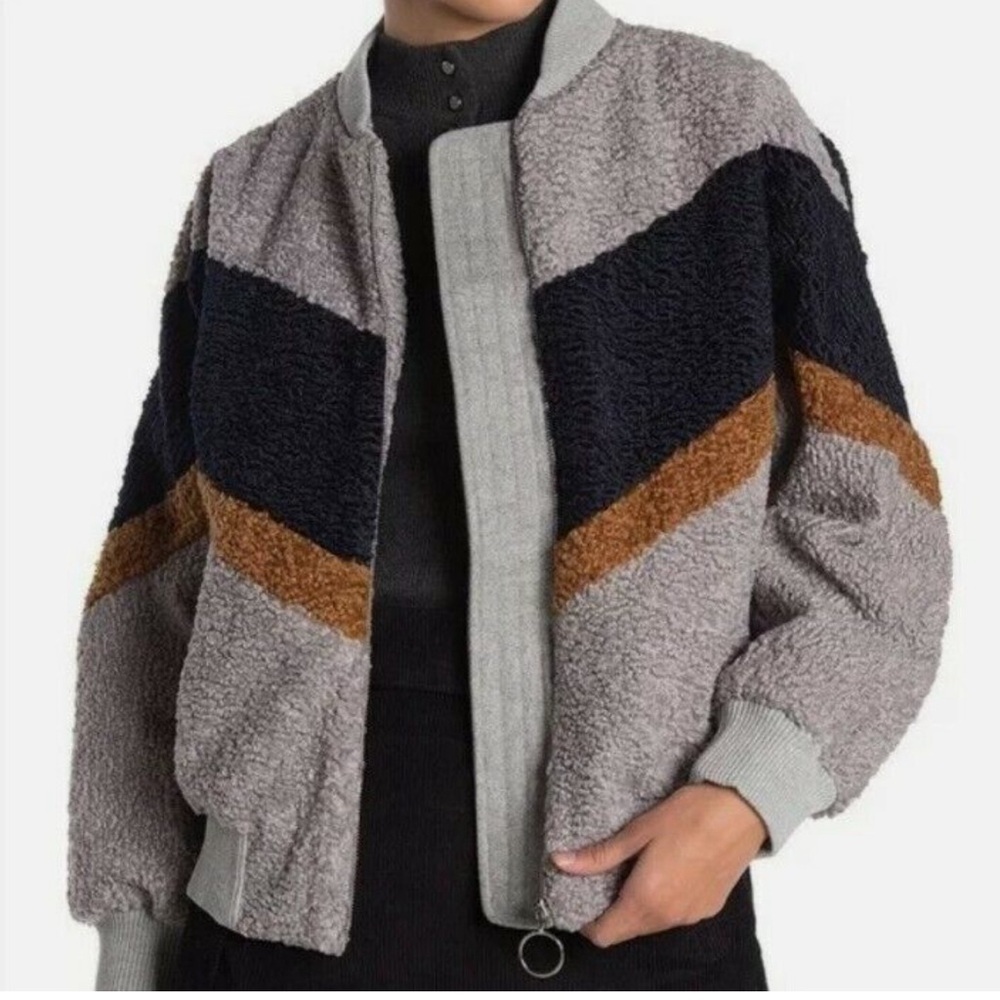 J.O.A. Sherpa Teddy Faux Fur Chevron Colorblock Bomber Jacket WOMENS XSMALL NWOT